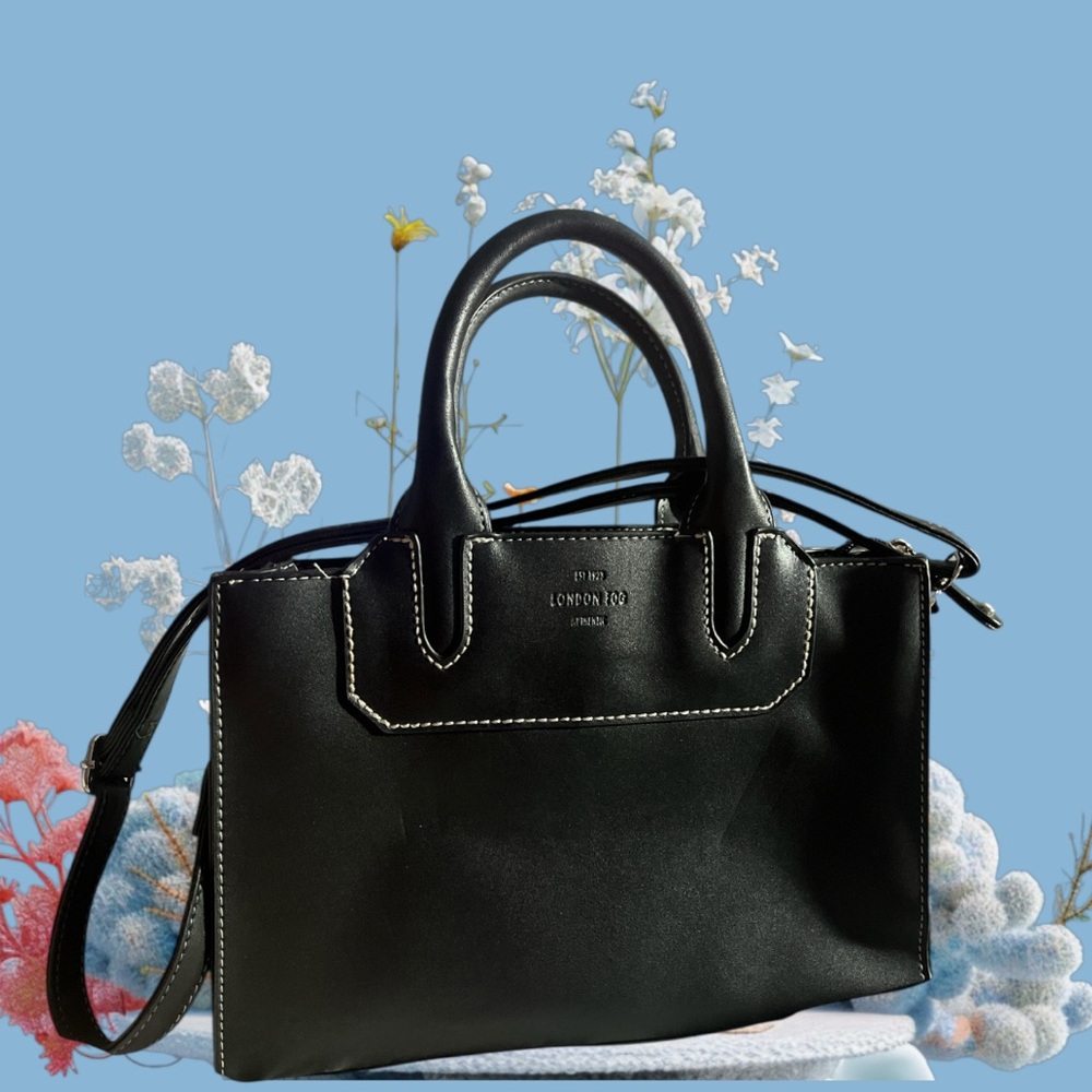London Fog Black Satchel with White Stitching